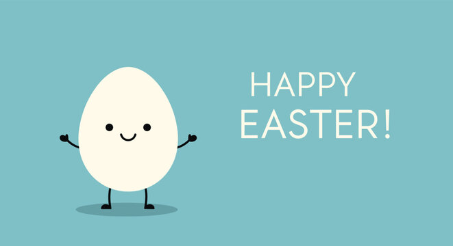 Simple white egg character with a happy face and thin arms and legs standing next to the text HAPPY EASTER on blue.