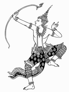 Thai Lao traditional Ramayana character Phra Ram drawing bow vector.