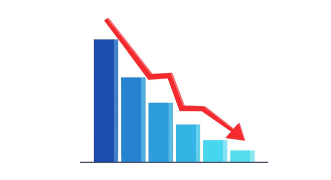 Conceptual 3D bar chart illustration with a red downward arrow symbol representing financial loss economic decline market crash and negative business analytics trend data visualization