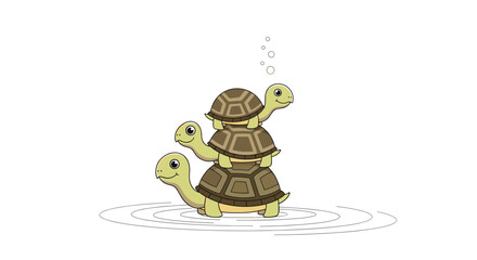 Obraz premium Three friendly cartoon turtles are playfully stacked on top of each other in the middle of calm water ripples.