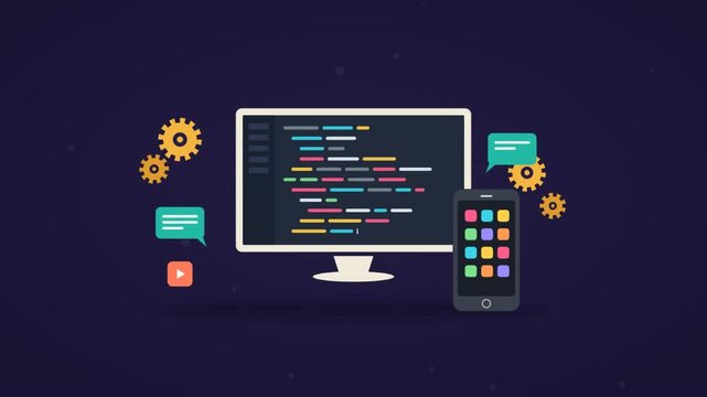 Animated software development concept with coding screen mobile app gears and chat message icons