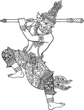 Mythological giant guardian holding staff character vector line art