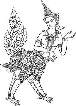Mythological half bird half human kinnari creature vector line art