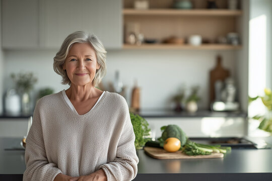 Health-conscious senior embracing nutritious home living, promoting balance, prevention, and independent retirement. Elderly woman in kirchen preparing dinner, using fresh vegetables. Healthy food.