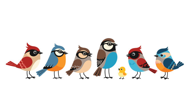 Row of various colorful cartoon birds including a tiny yellow chick standing together on a clean white background.