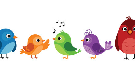 Fototapeta premium Diverse group of colorful cartoon birds stand together while one sings musical notes and another stands much taller.