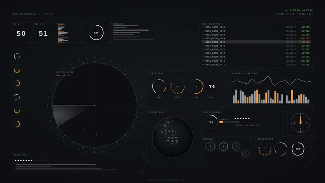 Futuristic operations dashboard with radar scan data analytics and system monitoring panels