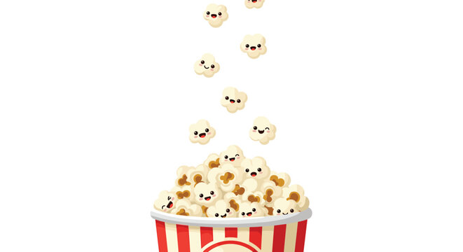 Bucket of popcorn where each piece has a cute happy face with some falling from above on a white background for movie nights and cinema fans.