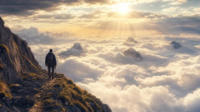 Summit Serenity: A lone hiker stands on a mountain ridge, gazing at a breathtaking panorama of sun-drenched peaks emerging from a sea of clouds, evoking a profound sense of achievement and awe.