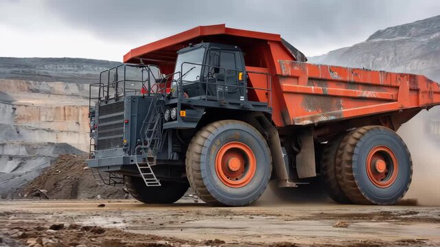 Large dumper truck operates in a mining site during the day with a rugged landscape in the background and dust being kicked up from the ground