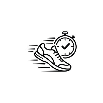 Running Shoe and Stopwatch Line Icon Representing Speed Workout Track and Field Training with Check Mark Symbol editable vector solid illustration