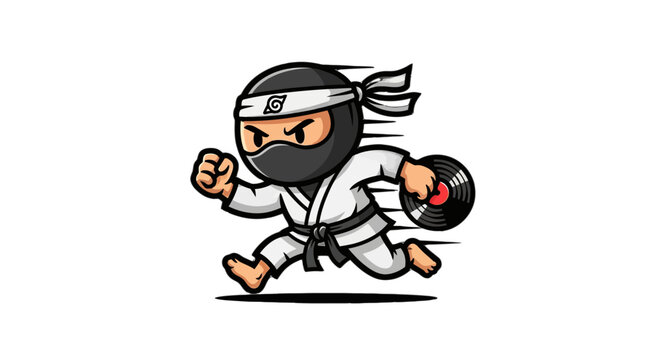 Cartoon Ninja Character Throwing Shuriken in Action Pose.