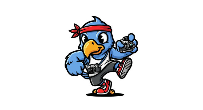 Cartoon bird character holding gaming controller dynamically.