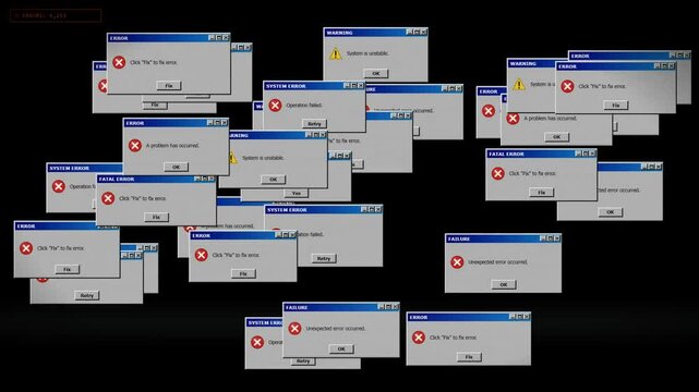 Multiple retro computer error popups appearing rapidly with fatal system failure warning dialog
