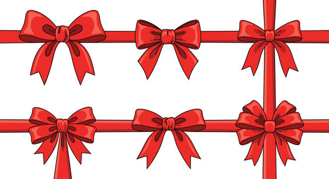 Various styles of elegant red ribbon bows and horizontal bands are presented on a clean white background for design.