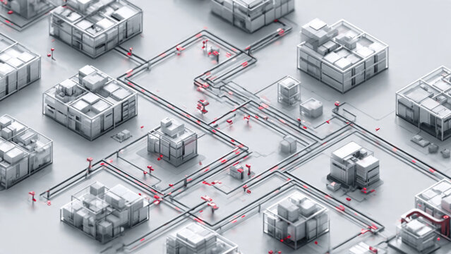High-tech data center with interconnected servers and red network cables in modern facility
