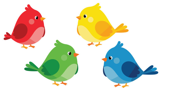 Four chubby cartoon birds in bright primary colors of red yellow green and blue are shown in various adorable poses.