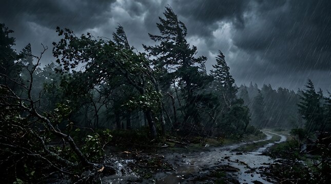 Gloomy forest road under heavy storm with rain and wind lashing trees, dramatic weather phenomenon, natural disaster scene