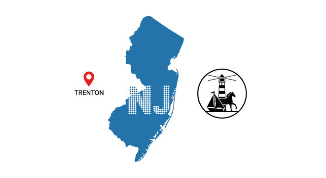 Comprehensive New Jersey state map icon collection featuring minimalist outline, solid black fill, dotted pattern, and silhouette symbol for NJ label, geographic sign, and USA regional vector.