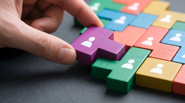 Hand placing purple wooden block with human icon into a colorful puzzle for team building and human resources recruitment business lifestyle concept