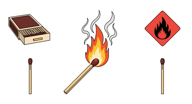 Vector matchstick icon set featuring burning fire flame illustration and flammable danger symbol collection isolated on white background for safety design and wood fire elements.
