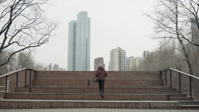 Lonely pedestrian on stone steps, overcast skyline, bare trees and distant tower, winter coat with hood, hands in pockets, still pause before descent, muted color palette, concrete railings and stair