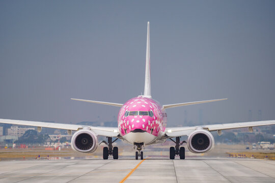 Fukuoka, Japan - February 16, 2019: A Japan Transocean Air (JTA) Boeing 737-800 (Registration JA06RK) in special "Sakura Jinbei Jet" livery taxiing at Fukuoka Airport.
