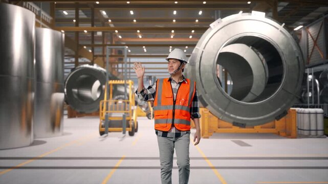 Front View of Asian Male Engineer Waving Hand Saying Bye While Walking at Heavy Factory with Large Turbine Components