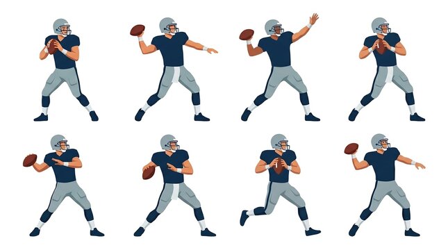 American football quarterback throwing ball in various actions and poses on white background, illustrations.