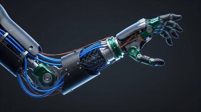 Robotic prosthetic arm with carbon fiber plates and blue wiring on dark background showing advanced bionic engineering commercial technology abstract concept
