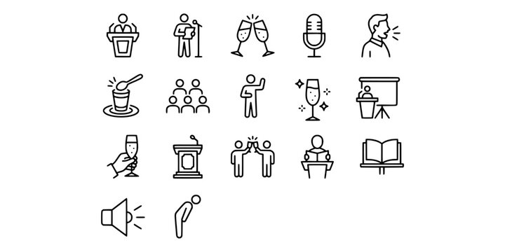 Icon set collection of public speaking, conference presentations, business seminars, microphones, reading, and celebratory networking symbols in line art.