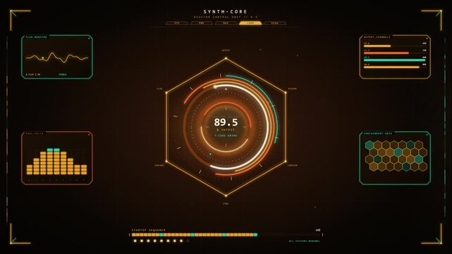 Futuristic reactor control interface with glowing hexagonal core display energy gauges output data