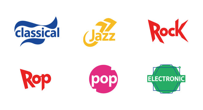 Music Genre Logos: Classical, Jazz, Rock, Pop, Electronic, Rop