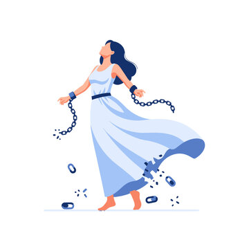 A woman in a white dress breaks free from heavy metal chains