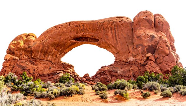 Large, natural arch formation carved into red rock. Green shrubbery dots the base against the sandy earth. Sky is absent