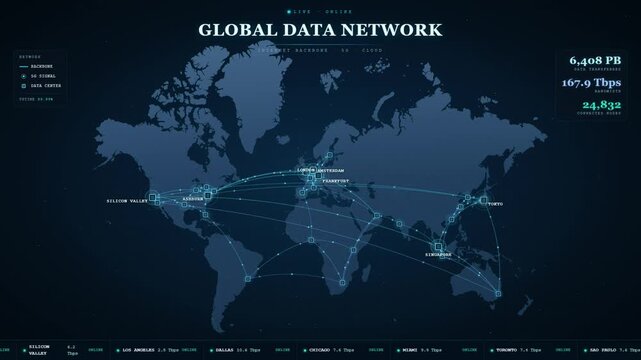 Global data network with glowing connection lines linking data centers across digital world map