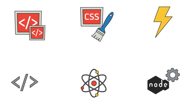 Web Development Icons: Code, CSS, Node, Atom, Lightning Bolt