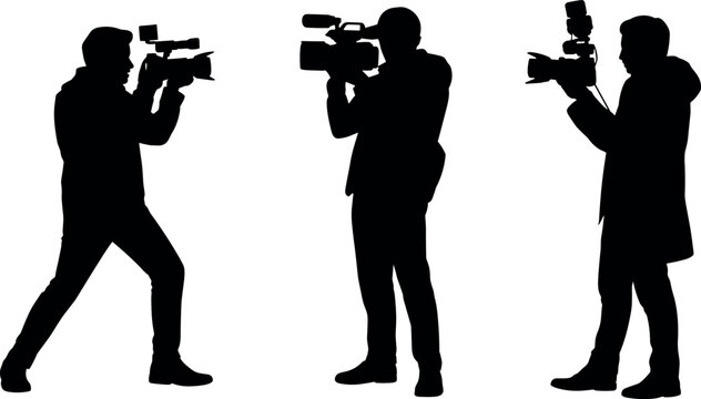 Silhouette of professional videographers and cameramen holding video cameras broadcasting or shooting media content on an isolated white background