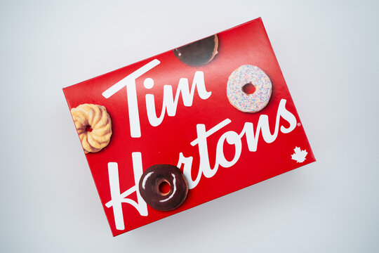 Tim Hortons donut box isolated on white background. Toronto, Canada - May 29, 2026.