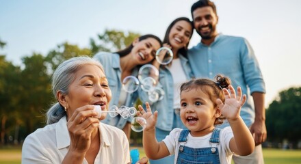 Obraz premium Joyful multi generational family enjoying bubbles outdoors on a sunny day