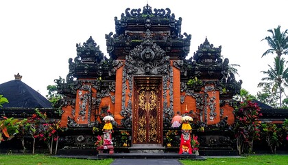 Fototapeta premium Ornate temple entrance with intricate carvings and golden doors. Lush vegetation and overcast skies surround it