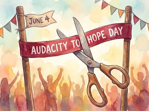 Watercolor Illustration of Ribbon-Cutting Ceremony with Oversized Scissors, Red Ribbon Printed &ldquo;Audacity to Hope Day&rdquo;, and Pole Banner &ldquo;June 4&rdquo;

