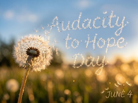 Extreme Macro of Dandelion Seeds Floating to Spell &ldquo;Audacity to Hope Day&rdquo; Against Blue Sky with &ldquo;June 4&rdquo; Seed Cluster and Golden Backlight

