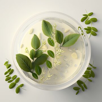 Natural face cream in a petri dish on a white table and plant branches, top down