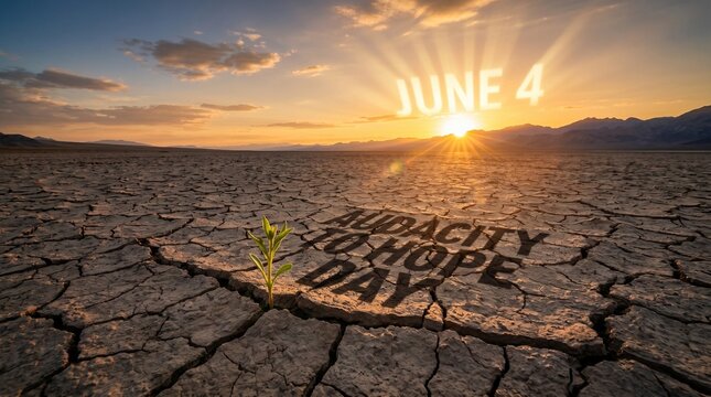 Sunrise Over Cracked Earth Plain with Green Sprout Shadow Forming &ldquo;Audacity to Hope Day&rdquo; and Sun Rays Spelling &ldquo;June 4&rdquo; &ndash; Wide-Angle Realistic Photograph

