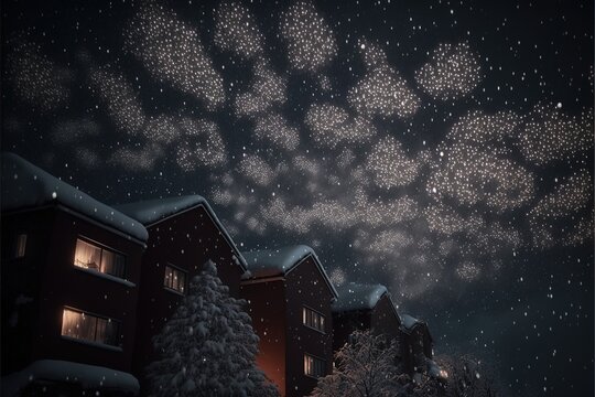 Night sky full of falling snow flakes creating wonderful patterns above a Christmas village.