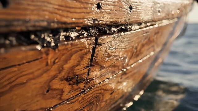 Close up of a weathered wooden boat hull floating on water.