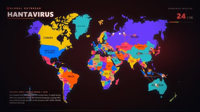 Pandemic Hanta virus outbreak spreading across animated world map with glowing infection connection lines