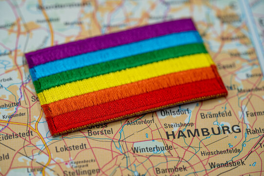 Close up of Hamburg map with rainbow pride flag.