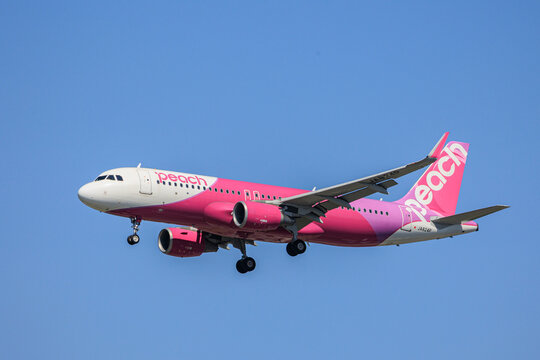 Fukuoka, Japan - May 24, 2026: A Peach Aviation Airbus A320-200 (Registration JA824P) on final landing approach against a clear blue sky to Fukuoka Airport.